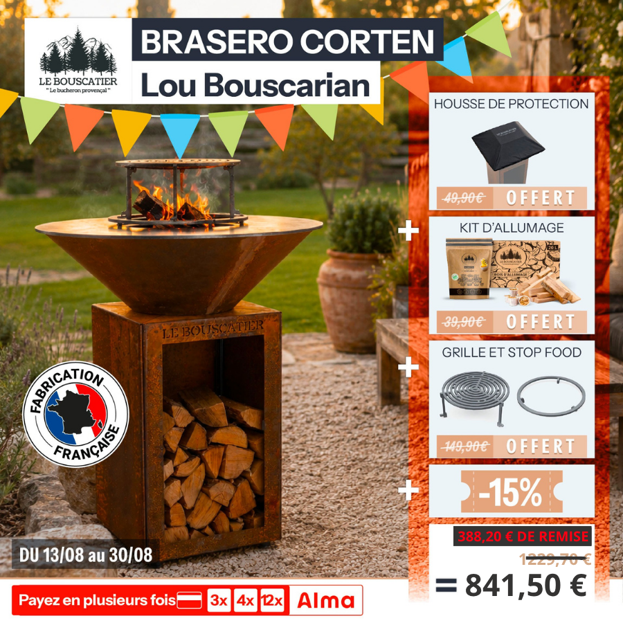 Lou Bouscarian rond ⌀ 74cm - Brasero plancha rond en acier corten avec rangement bûches - grille et stop food inclus