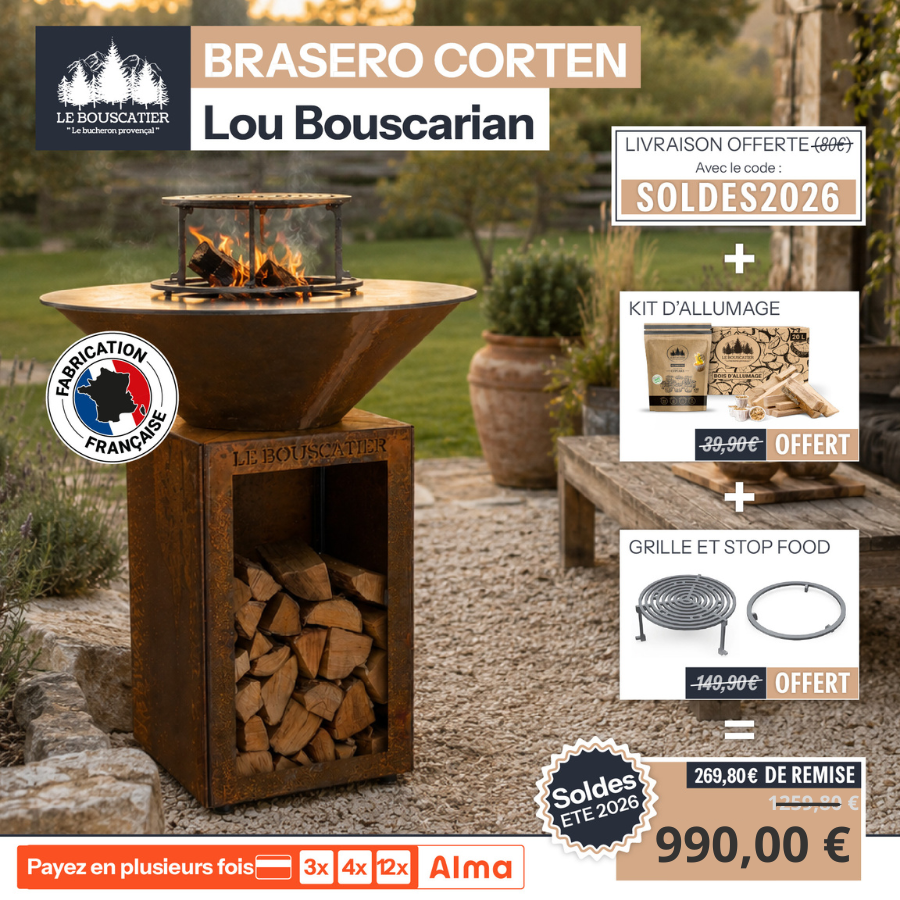Lou Bouscarian rond ⌀ 74cm - Brasero plancha rond en acier corten avec rangement bûches - grille et stop food inclus