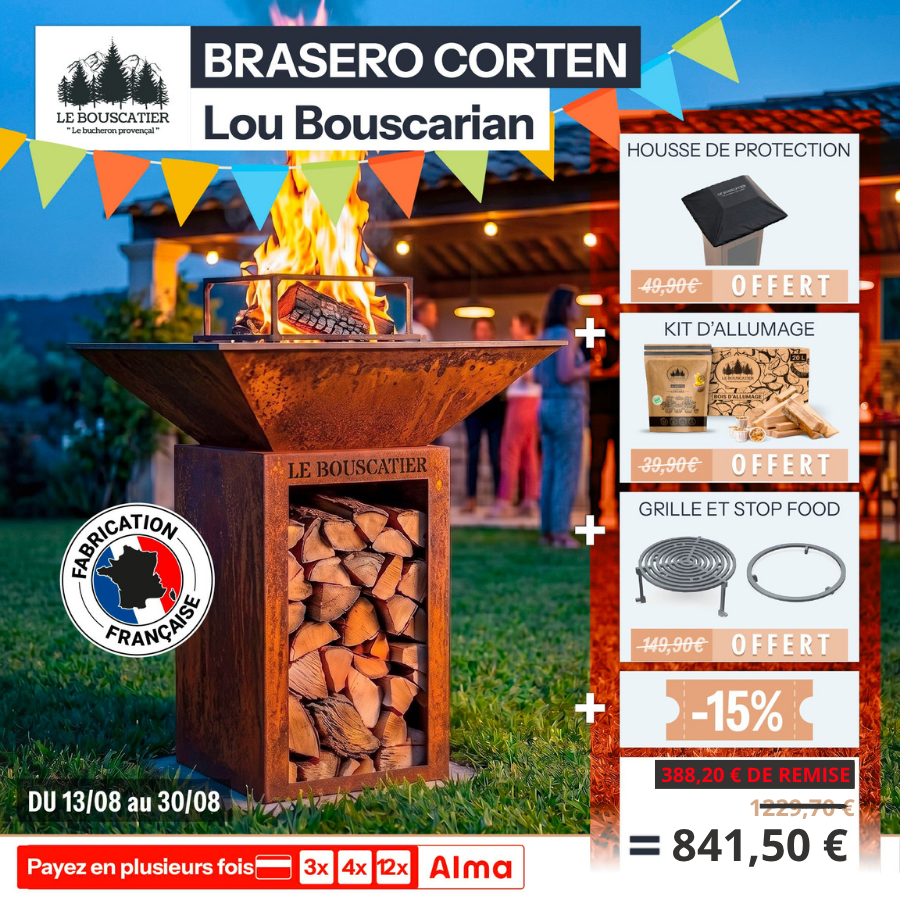 Lou Bouscarian carré 74x74x90cm - Brasero plancha avec Rangement bûches en acier corten-  Grille et stop food inclus