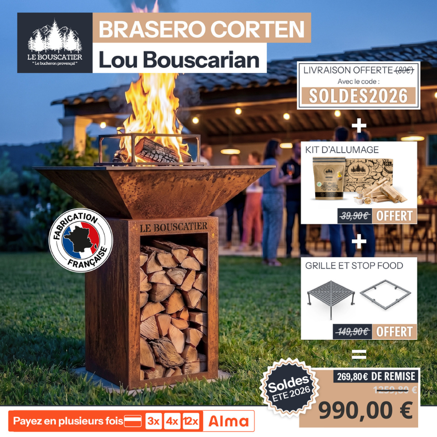 Lou Bouscarian carré 74x74x90cm - Brasero plancha avec Rangement bûches en acier corten-  Grille et stop food inclus