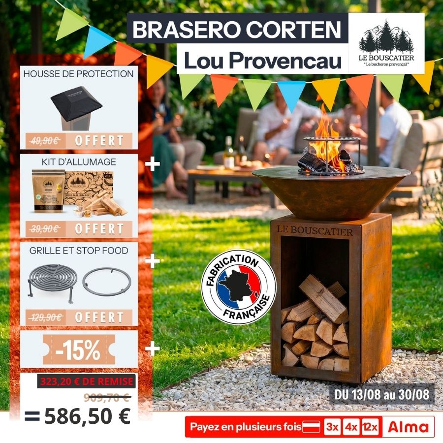 Lou Provençau rond ⌀ 62cm - Brasero plancha rond en acier corten avec rangement bûches - grille et stop food inclus