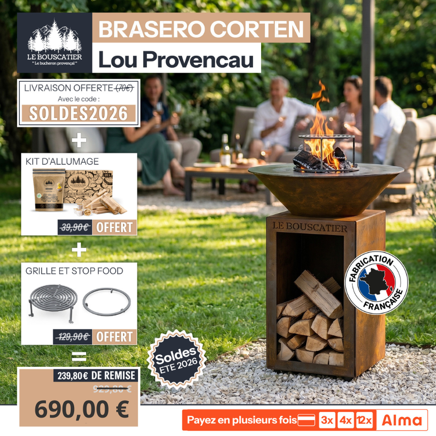 Lou Provençau rond ⌀ 62cm - Brasero plancha rond en acier corten avec rangement bûches - grille et stop food inclus