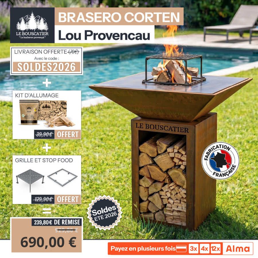 Lou Provençau carré 62x62x74cm - Brasero plancha en acier corten avec rangement bûches  - grille et stop food inclus