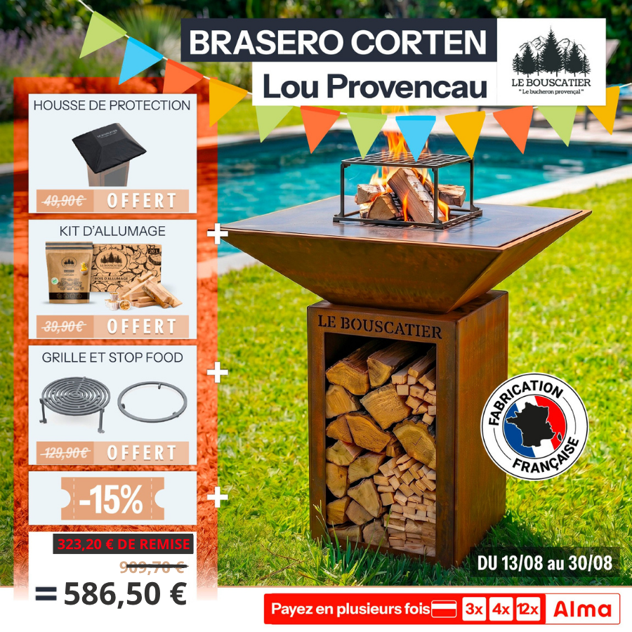 Lou Provençau carré 62x62x74cm - Brasero plancha en acier corten avec rangement bûches  - grille et stop food inclus