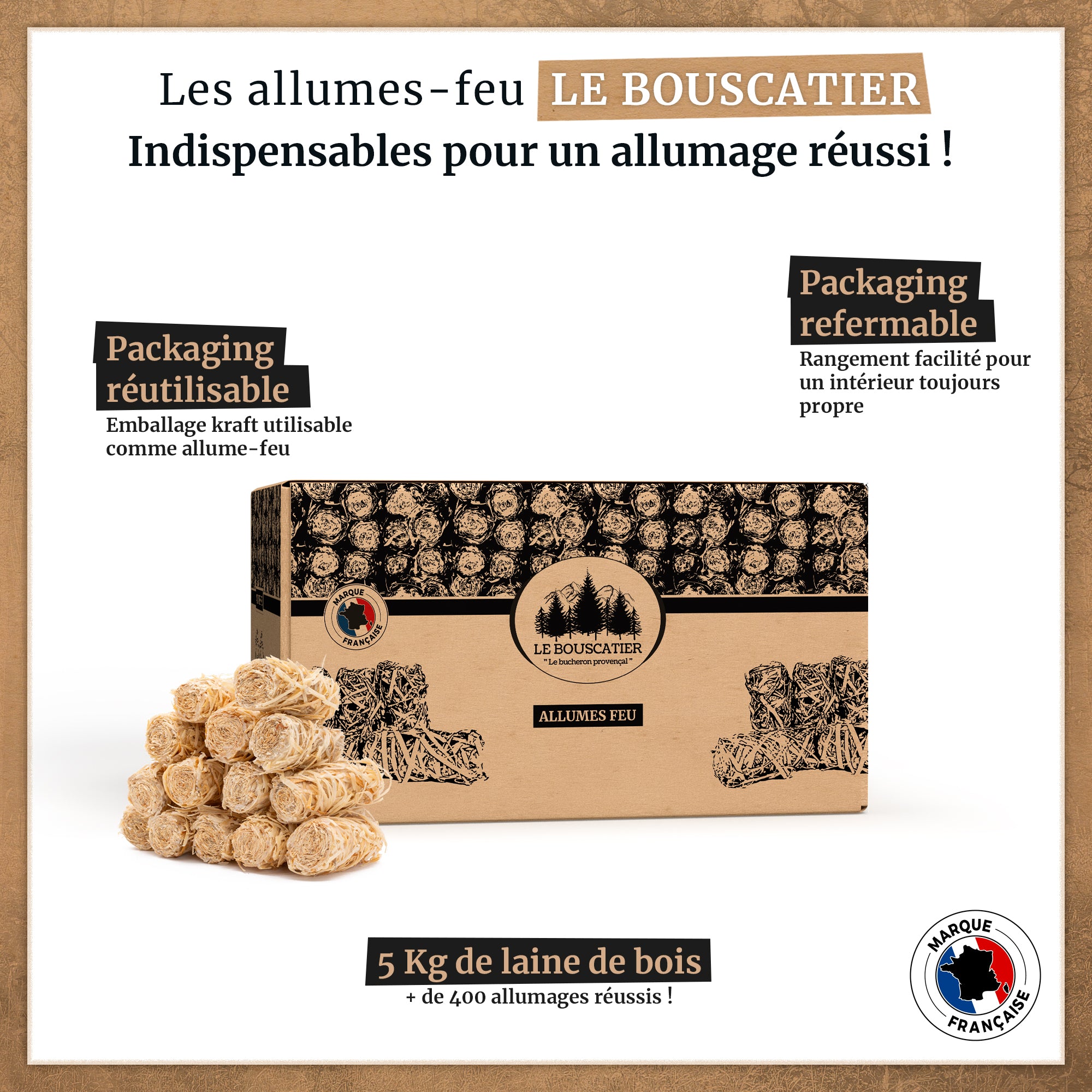 Le Bouscatier France Allume-feu écologique Le Bouscatier - Laine Et Cire De Bois - 150-170 Pièces - Boîte D'allumettes Offerte Allume Feu Naturel Cheminée
