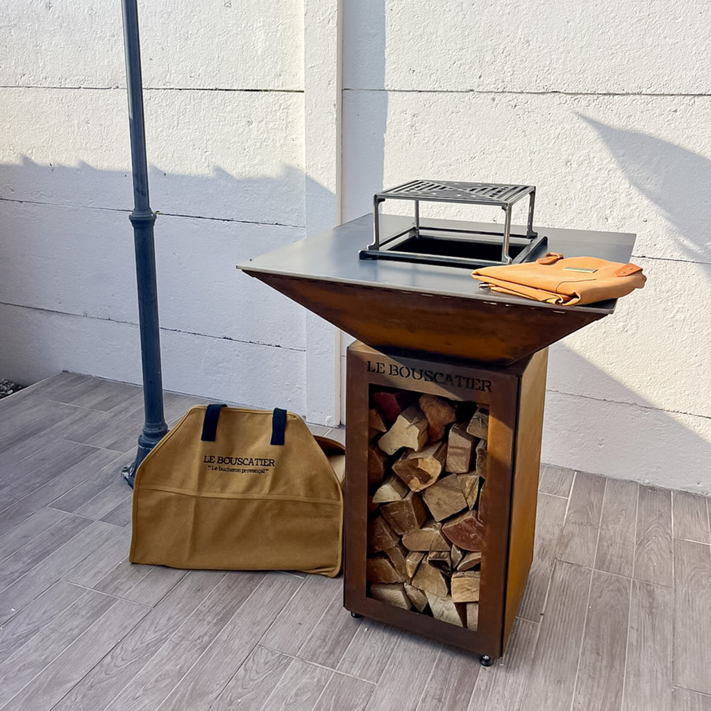 Lou Bouscarian carré 74x74x90cm - Brasero plancha avec Rangement bûches en acier corten-  Grille et stop food inclus