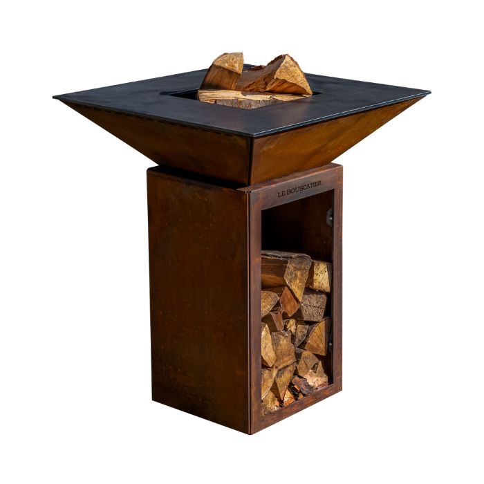 Lou Bouscarian - Brasero plancha avec Rangement bûches en acier corten-  Grille et stop food inclus