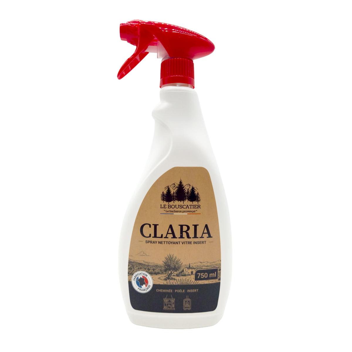 CLARIA - Le Bouscatier Nettoyant Vitre Insert et Poêle 750ml – Spray pour Poêle à Bois et à Granulés, Cheminée – Élimine Suie, Goudron et Dépôts de Fumée – Formule Adhérente Sans Coulure