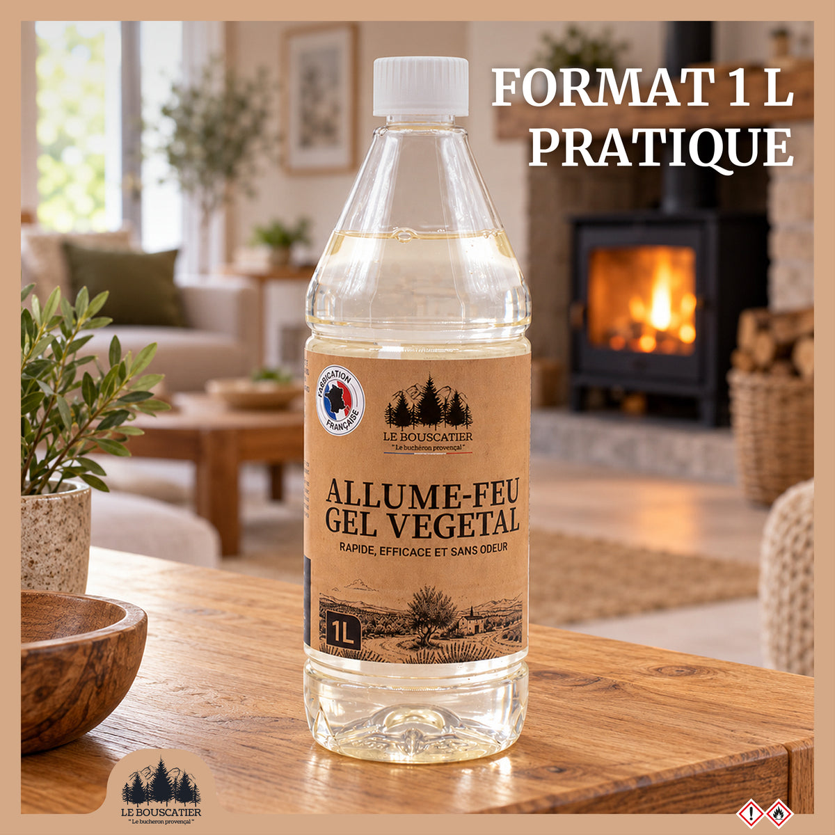 Gel Allume-Feu 1L – Origine Végétale – Allumage Rapide et sans Odeur – Barbecue, Cheminée, Poêle, Insert, Brasero