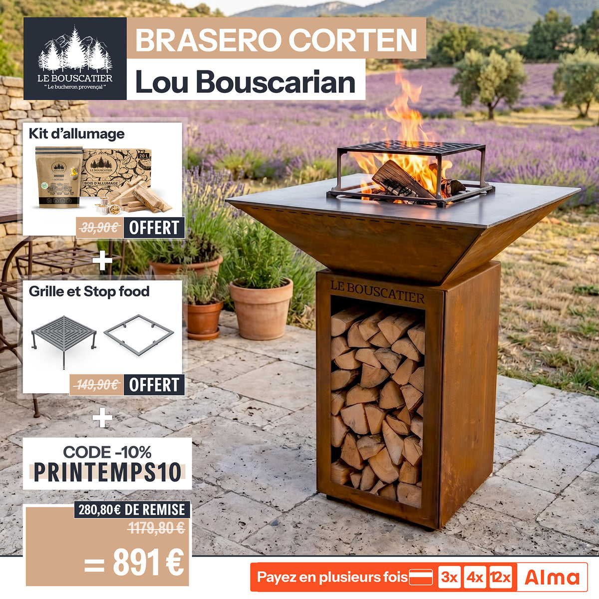 Lou Bouscarian carré 74x74x90cm - Brasero plancha avec Rangement bûches en acier corten-  Grille et stop food inclus