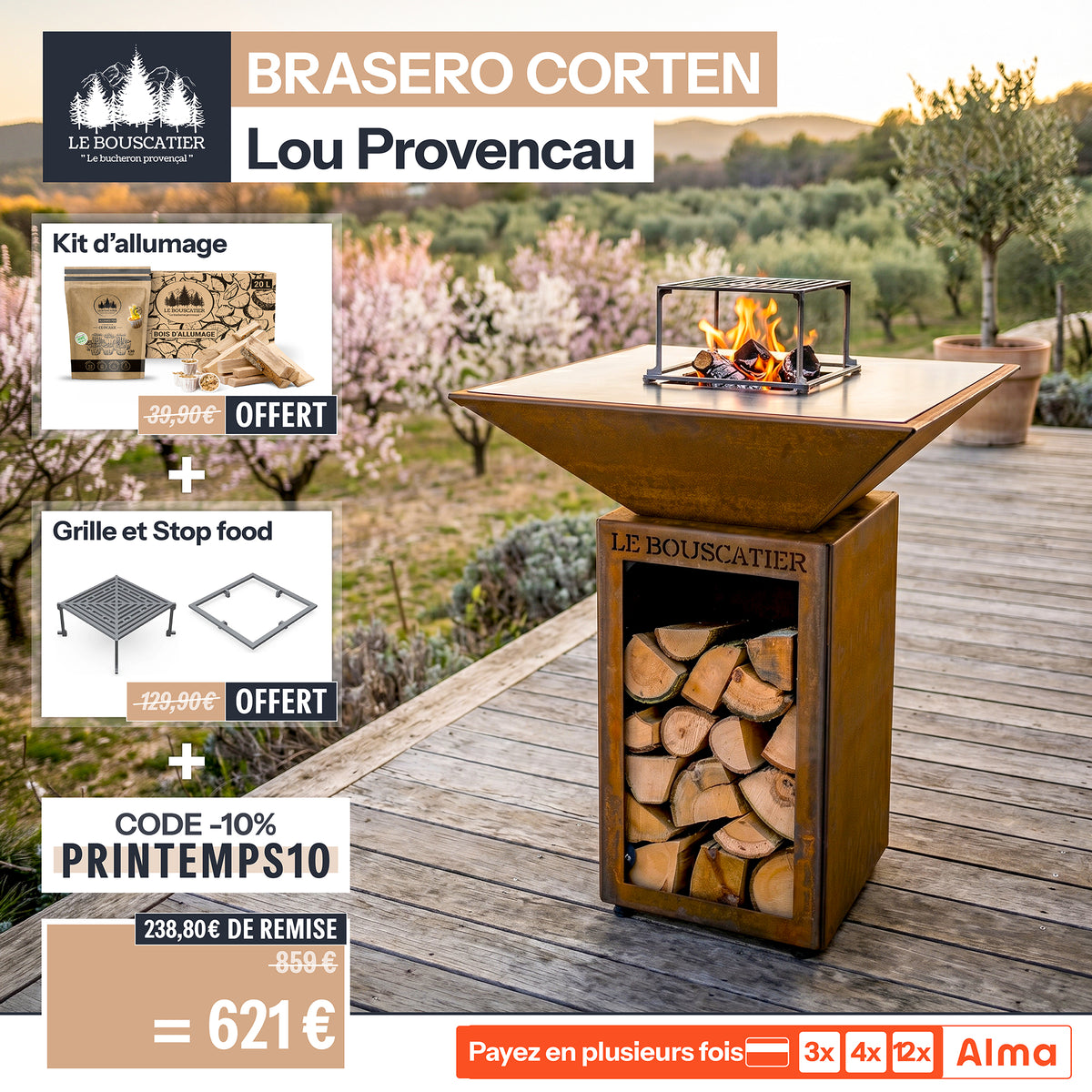 Lou Provençau carré 62x62x74cm - Brasero plancha en acier corten avec rangement bûches  - grille et stop food inclus