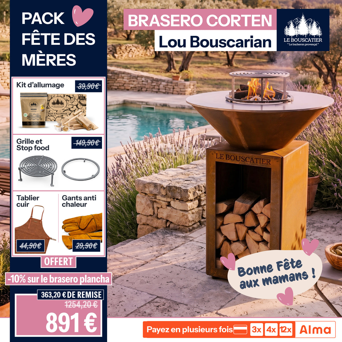Lou Bouscarian rond ⌀ 74cm - Brasero plancha rond en acier corten avec rangement bûches - grille et stop food inclus