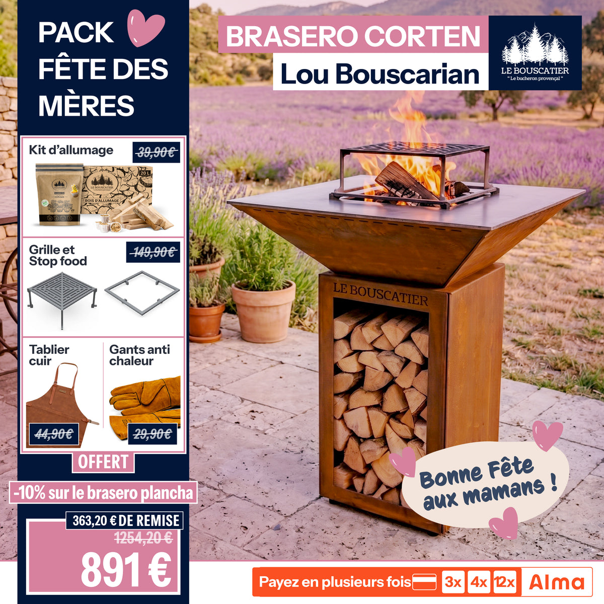 Lou Bouscarian carré 74x74x90cm - Brasero plancha avec Rangement bûches en acier corten-  Grille et stop food inclus