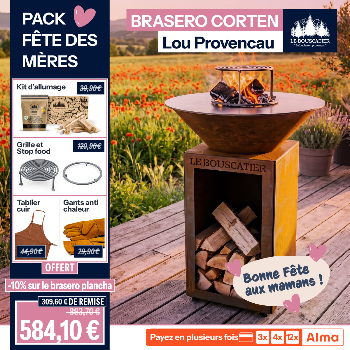 Lou Provençau rond ⌀ 62cm - Brasero plancha rond en acier corten avec rangement bûches - grille et stop food inclus