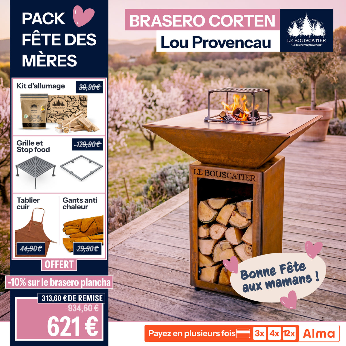 Lou Provençau carré 62x62x74cm - Brasero plancha en acier corten avec rangement bûches  - grille et stop food inclus