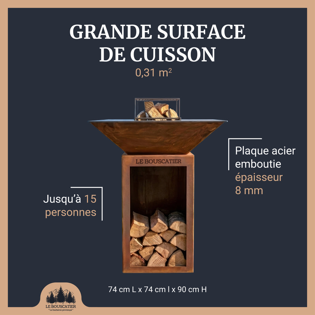 Lou Bouscarian carré 74x74x90cm - Brasero plancha avec Rangement bûches en acier corten-  Grille et stop food inclus