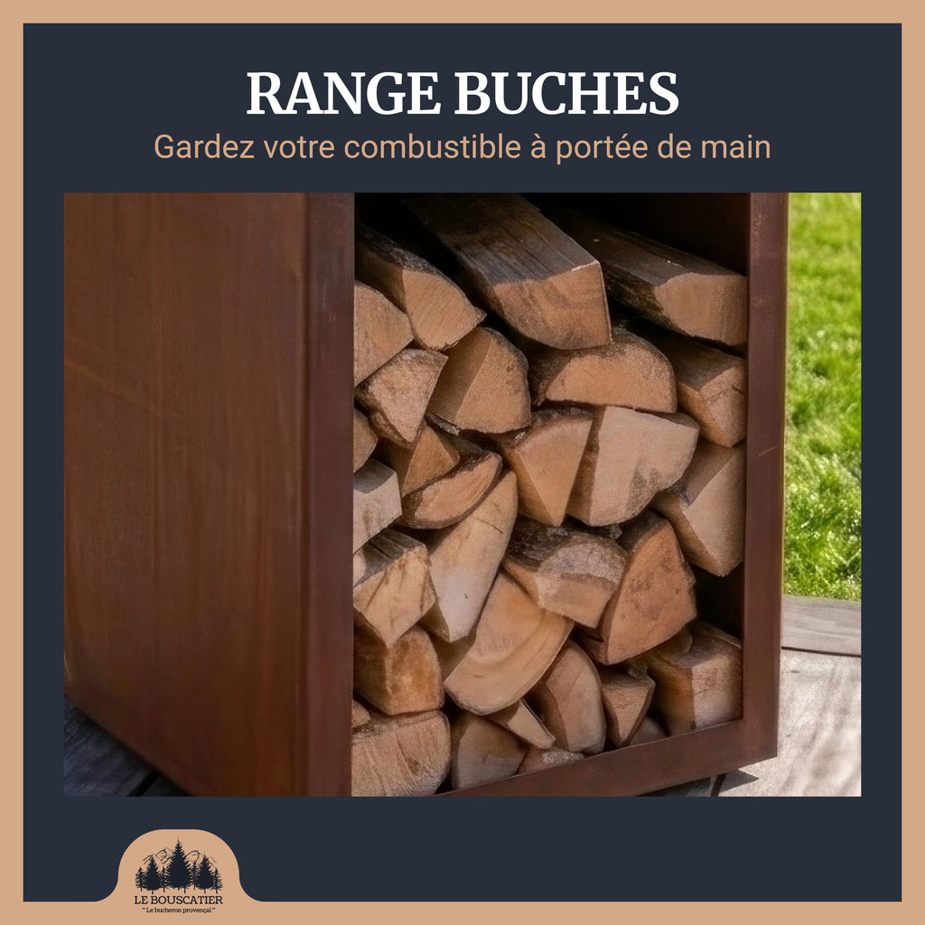 Lou Bouscarian carré 74x74x90cm - Brasero plancha avec Rangement bûches en acier corten-  Grille et stop food inclus