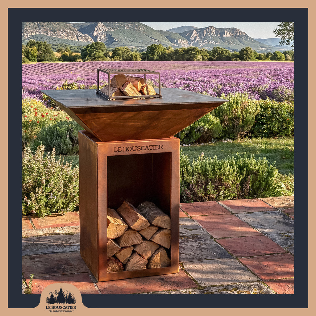 Lou Bouscarian carré 74x74x90cm - Brasero plancha avec Rangement bûches en acier corten-  Grille et stop food inclus