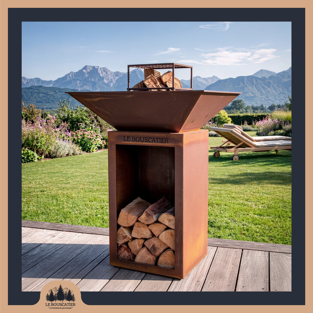 Lou Bouscarian carré 74x74x90cm - Brasero plancha avec Rangement bûches en acier corten-  Grille et stop food inclus