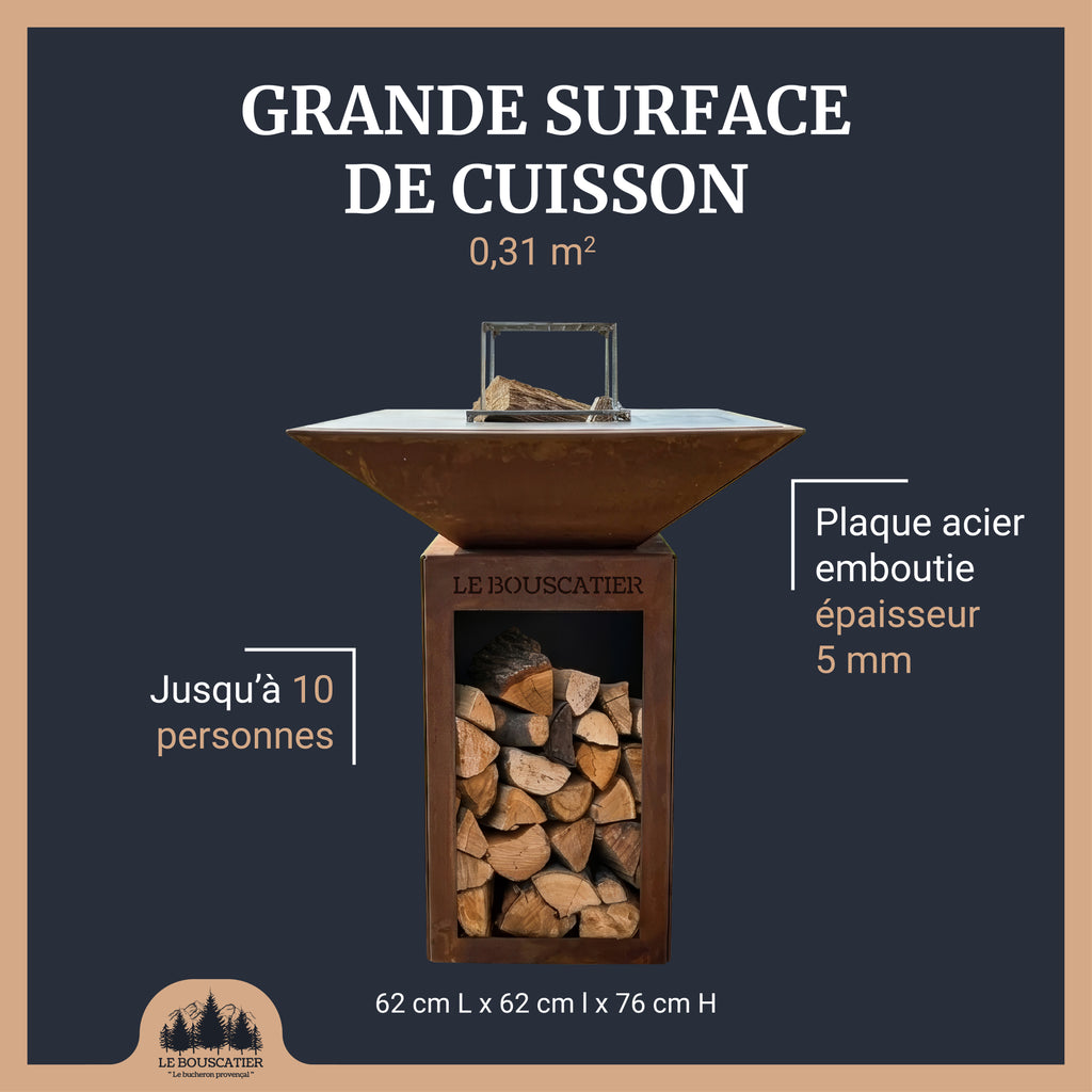 Lou Provençau carré 62x62x74cm - Brasero plancha en acier corten avec rangement bûches  - grille et stop food inclus