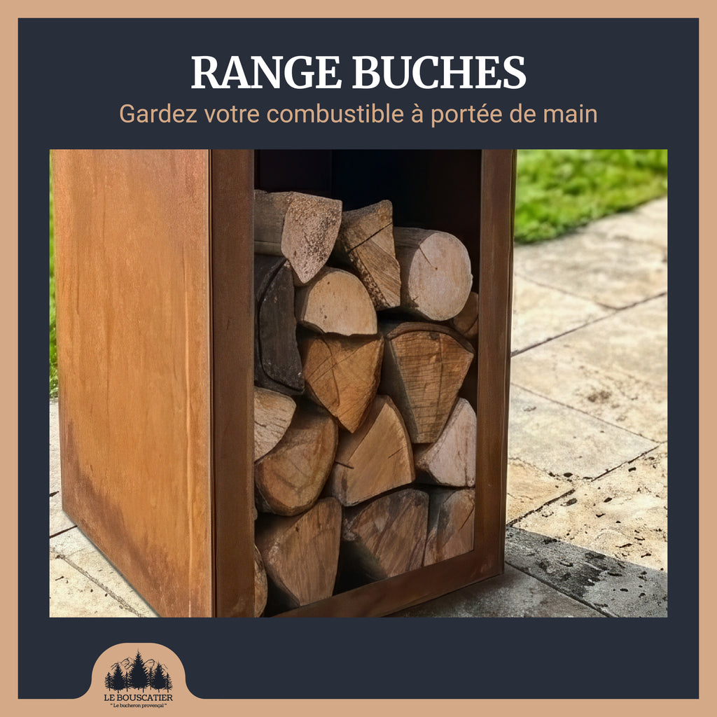 Lou Provençau carré 62x62x74cm - Brasero plancha en acier corten avec rangement bûches  - grille et stop food inclus