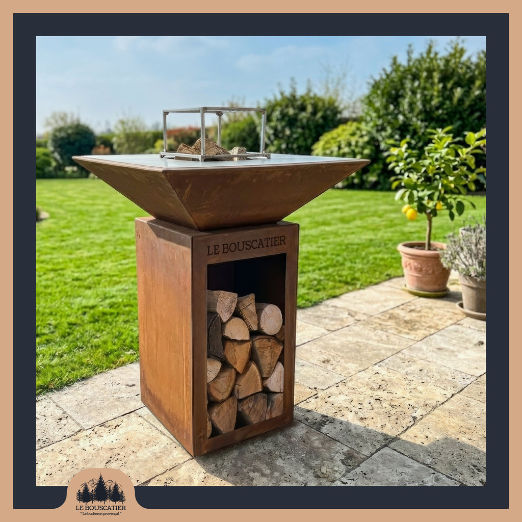 Lou Provençau carré 62x62x74cm - Brasero plancha en acier corten avec rangement bûches  - grille et stop food inclus