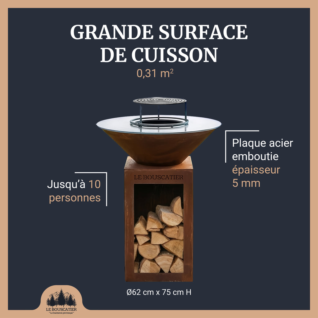 Lou Provençau rond ⌀ 62cm - Brasero plancha rond en acier corten avec rangement bûches - grille et stop food inclus