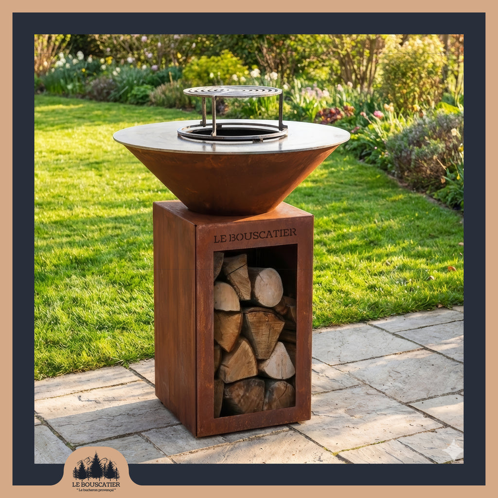 Lou Provençau rond ⌀ 62cm - Brasero plancha rond en acier corten avec rangement bûches - grille et stop food inclus