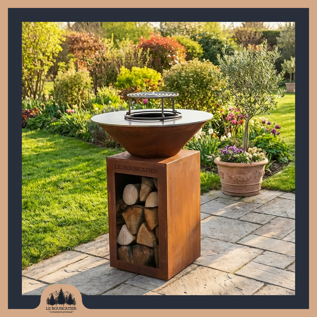 Lou Provençau rond ⌀ 62cm - Brasero plancha rond en acier corten avec rangement bûches - grille et stop food inclus