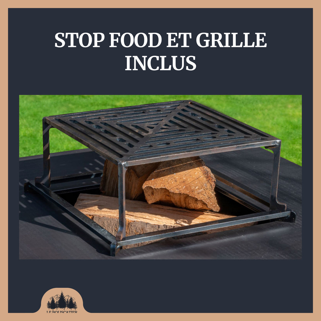 Lou Provençau rond ⌀ 62cm - Brasero plancha rond en acier corten avec rangement bûches - grille et stop food inclus