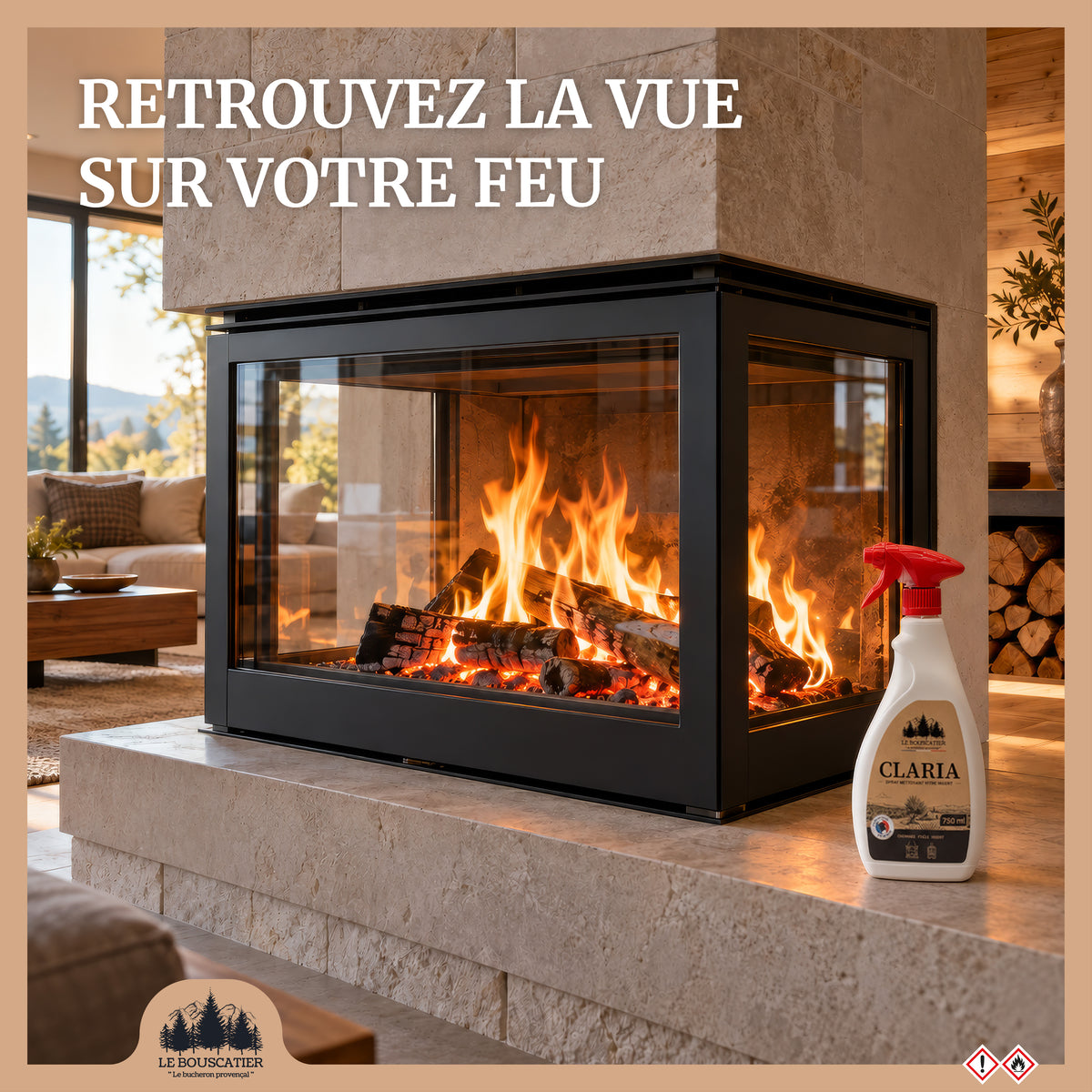 CLARIA - Le Bouscatier Nettoyant Vitre Insert et Poêle 750ml – Spray pour Poêle à Bois et à Granulés, Cheminée – Élimine Suie, Goudron et Dépôts de Fumée – Formule Adhérente Sans Coulure