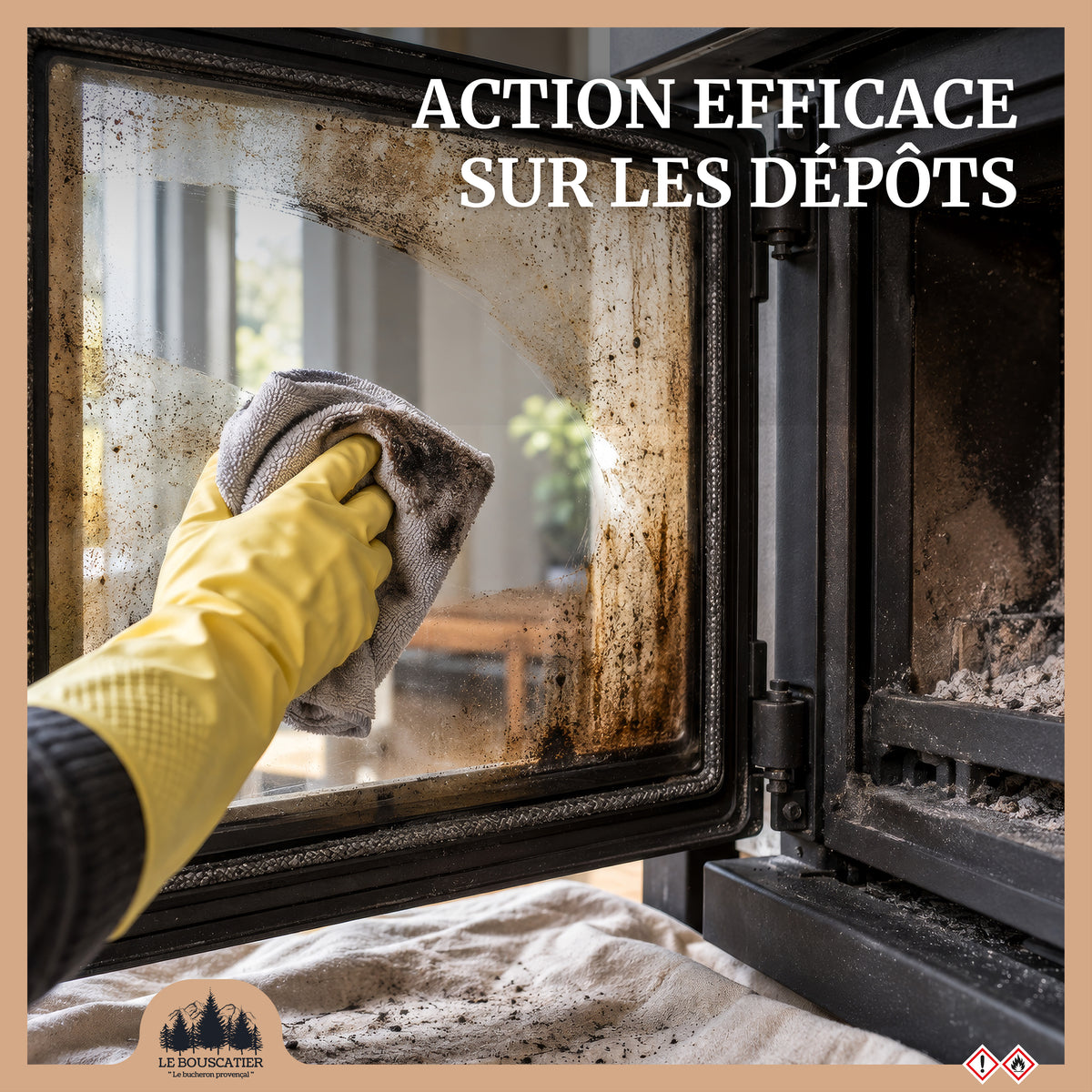 CLARIA - Le Bouscatier Nettoyant Vitre Insert et Poêle 750ml – Spray pour Poêle à Bois et à Granulés, Cheminée – Élimine Suie, Goudron et Dépôts de Fumée – Formule Adhérente Sans Coulure