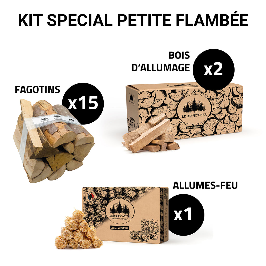 KIT SPECIAL BRASERO BARBECUE - 15x fagotins 25L bois de chauffage extra sec + 12kg bois d'allumage + 2kg alume-feu