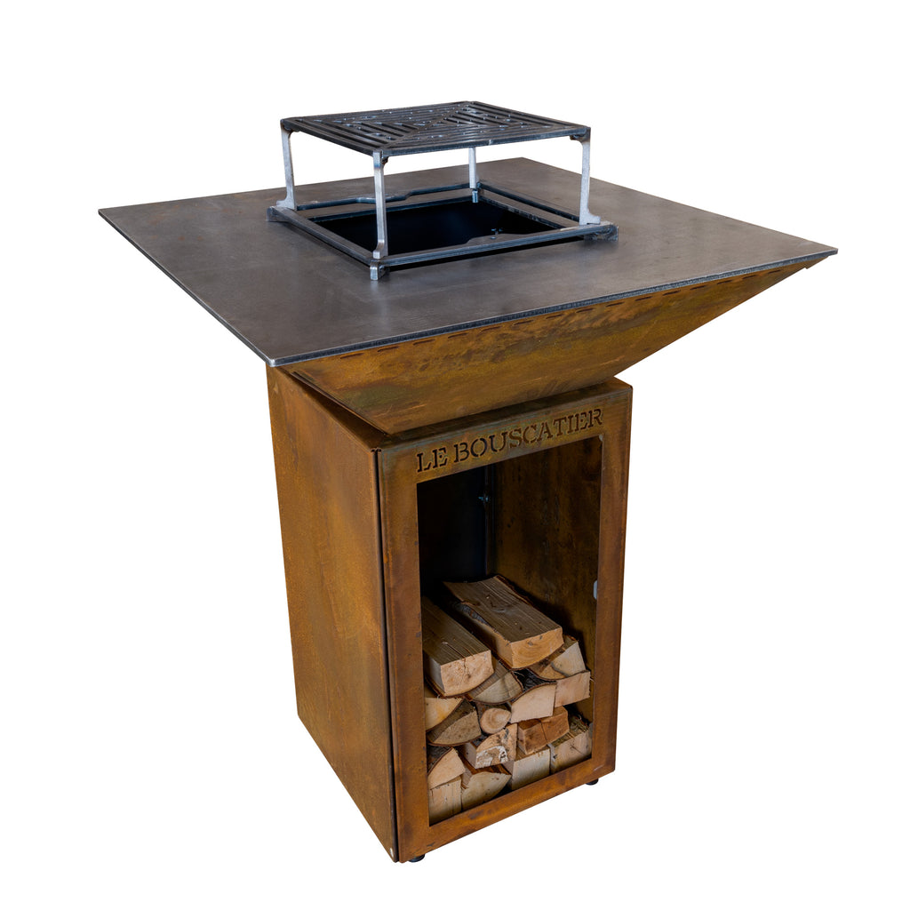 Lou Bouscarian carré 74x74x90cm - Brasero plancha avec Rangement bûches en acier corten-  Grille et stop food inclus