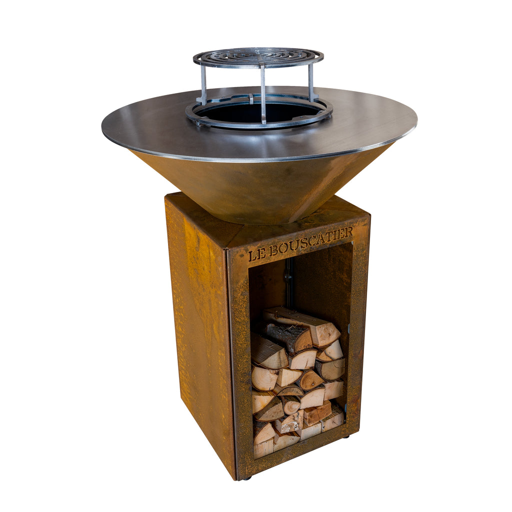 Lou Bouscarian rond ⌀ 74cm - Brasero plancha rond en acier corten avec rangement bûches - grille et stop food inclus
