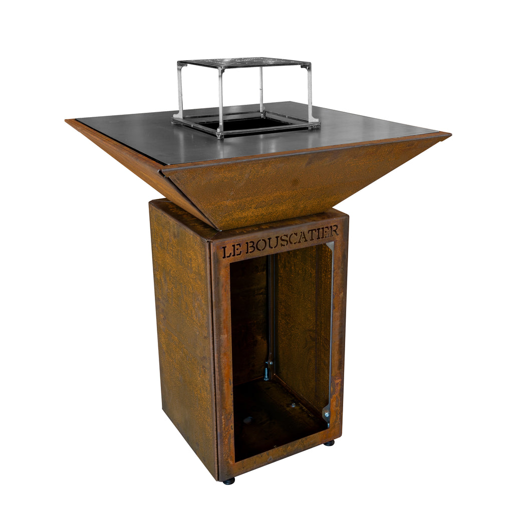 Lou Provençau carré 62x62x74cm - Brasero plancha en acier corten avec rangement bûches  - grille et stop food inclus