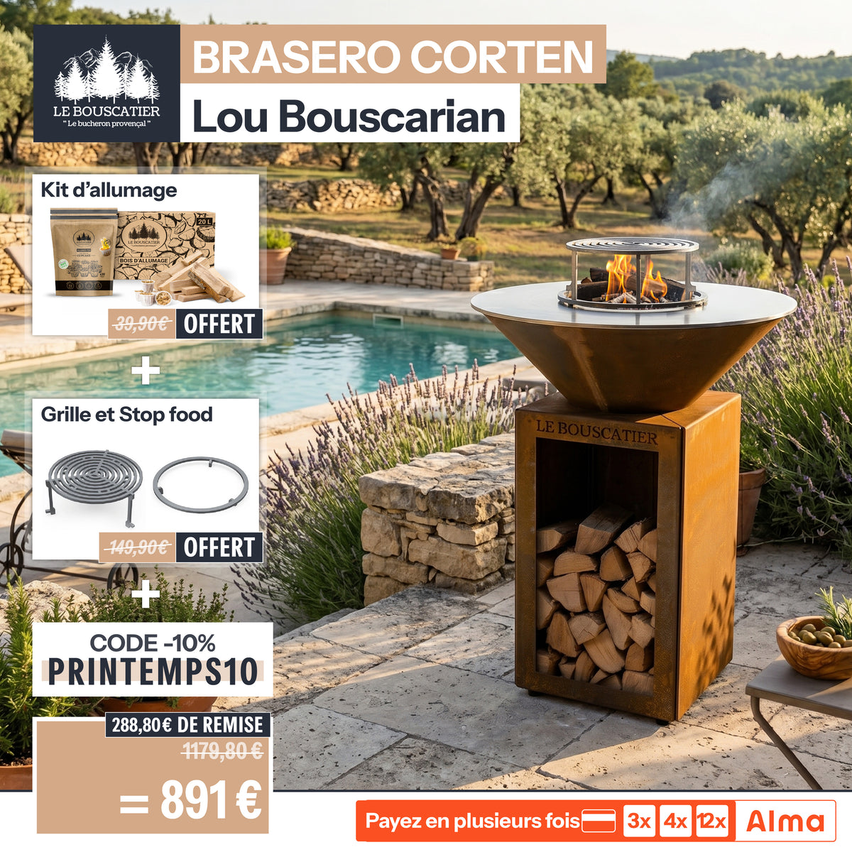 Lou Bouscarian rond ⌀ 74cm - Brasero plancha rond en acier corten avec rangement bûches - grille et stop food inclus