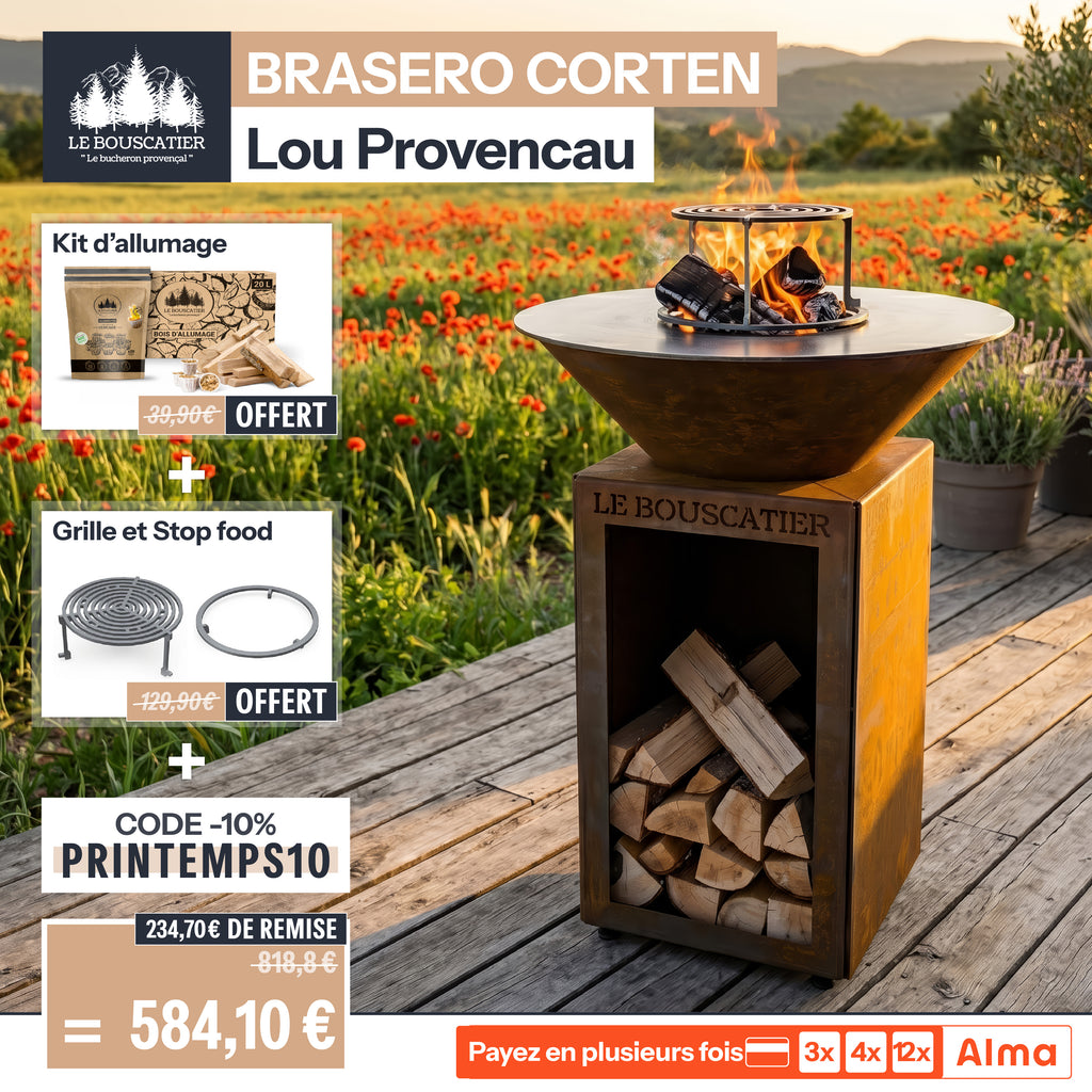 Lou Provençau rond ⌀ 62cm - Brasero plancha rond en acier corten avec rangement bûches - grille et stop food inclus