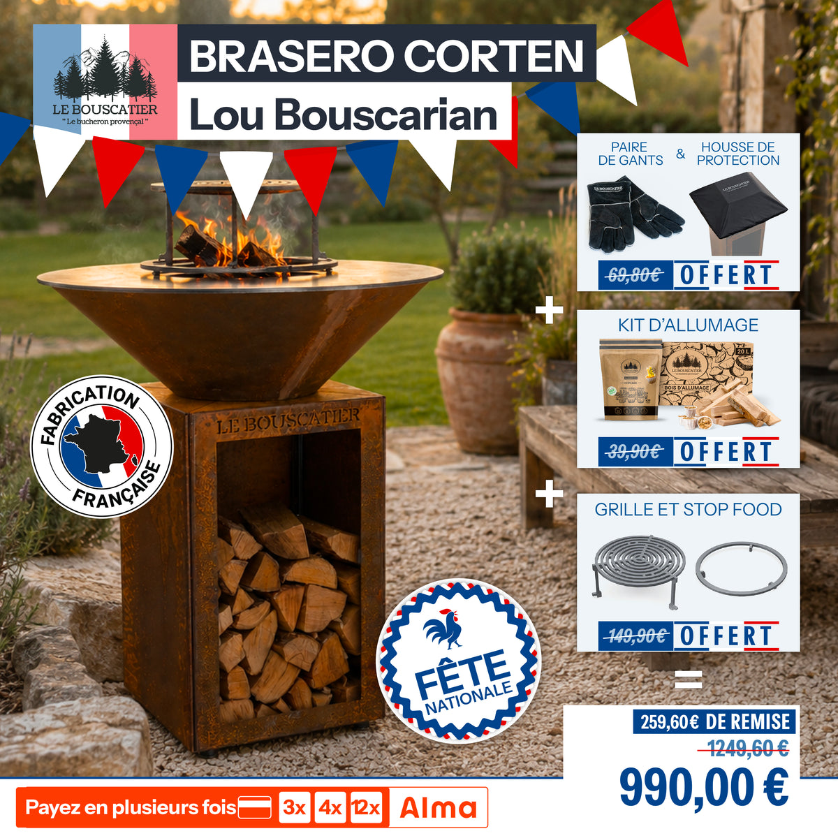 Lou Bouscarian rond ⌀ 74cm - Brasero plancha rond en acier corten avec rangement bûches - grille et stop food inclus
