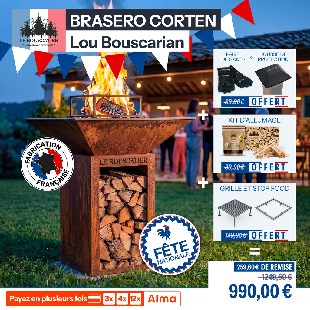 Lou Bouscarian carré 74x74x90cm - Brasero plancha avec Rangement bûches en acier corten-  Grille et stop food inclus