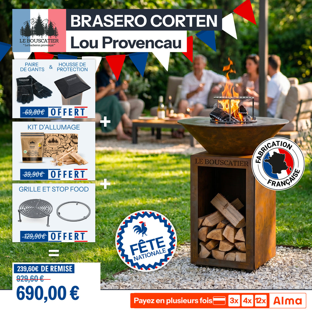 Lou Provençau rond ⌀ 62cm - Brasero plancha rond en acier corten avec rangement bûches - grille et stop food inclus