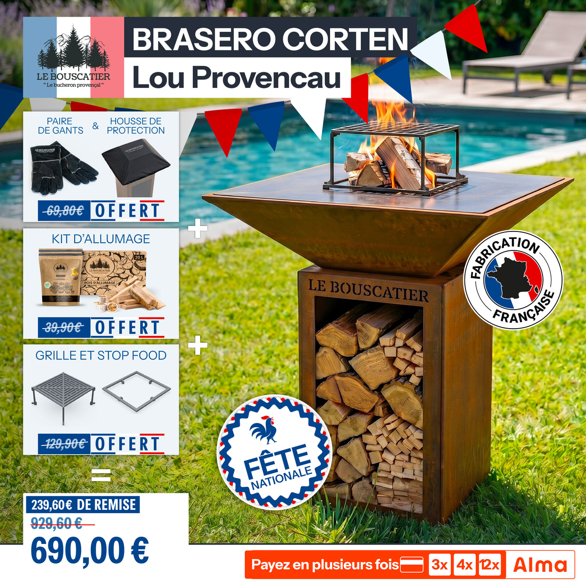 Lou Provençau carré 62x62x74cm - Brasero plancha en acier corten avec rangement bûches  - grille et stop food inclus