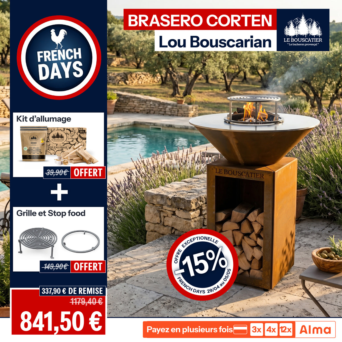 Lou Bouscarian rond ⌀ 74cm - Brasero plancha rond en acier corten avec rangement bûches - grille et stop food inclus