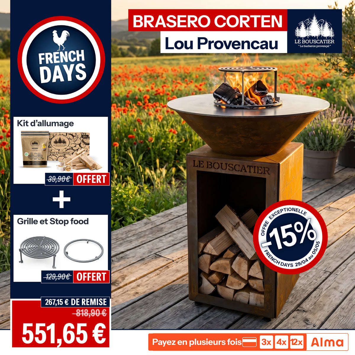 Lou Provençau rond ⌀ 62cm - Brasero plancha rond en acier corten avec rangement bûches - grille et stop food inclus