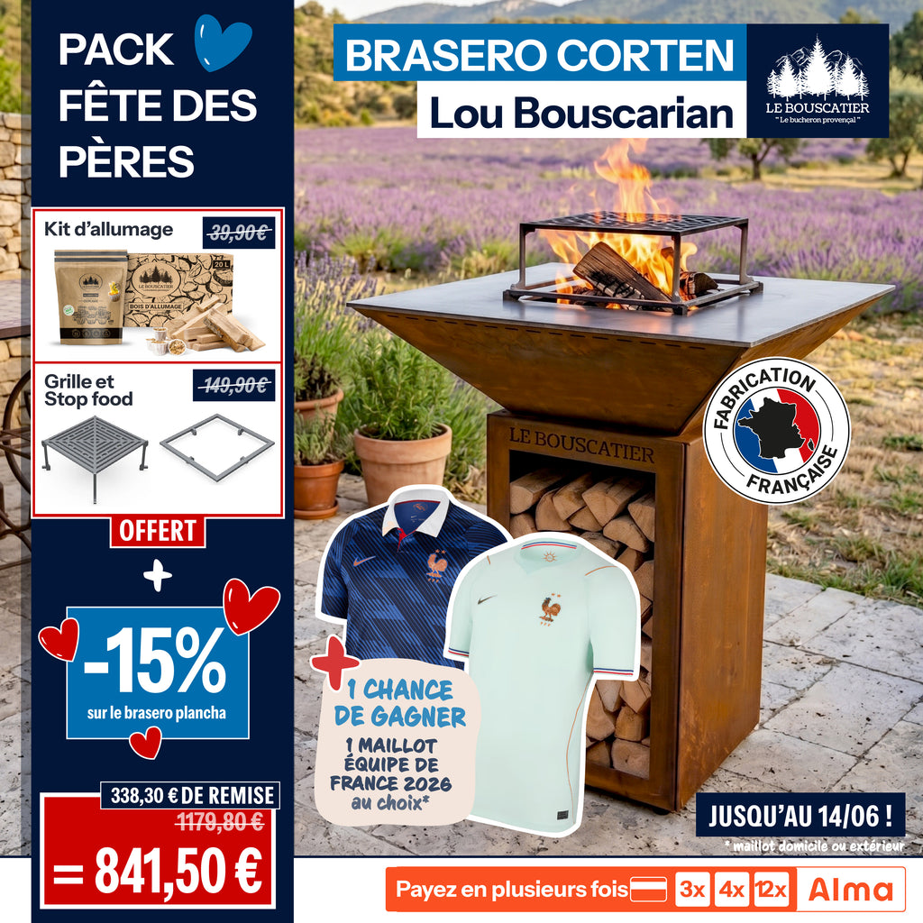Lou Bouscarian carré 74x74x90cm - Brasero plancha avec Rangement bûches en acier corten-  Grille et stop food inclus