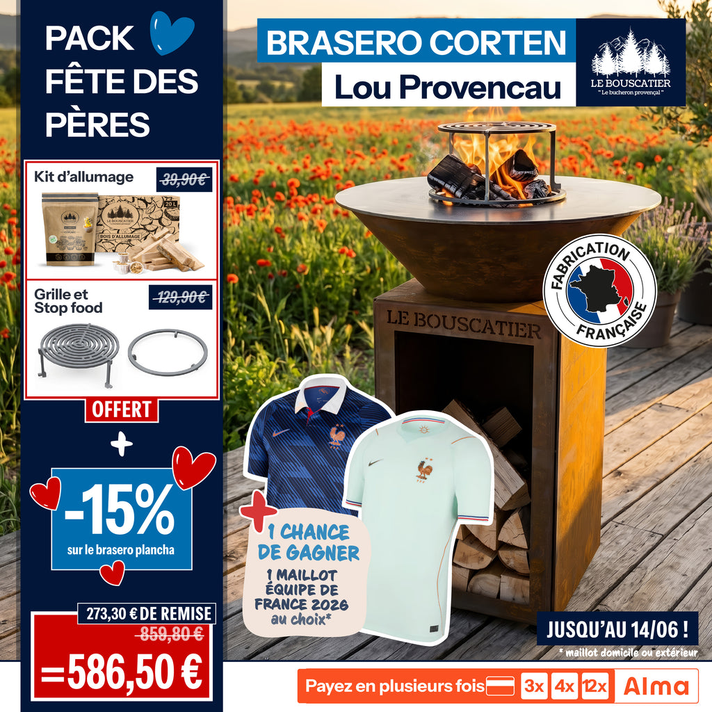 Lou Provençau rond ⌀ 62cm - Brasero plancha rond en acier corten avec rangement bûches - grille et stop food inclus