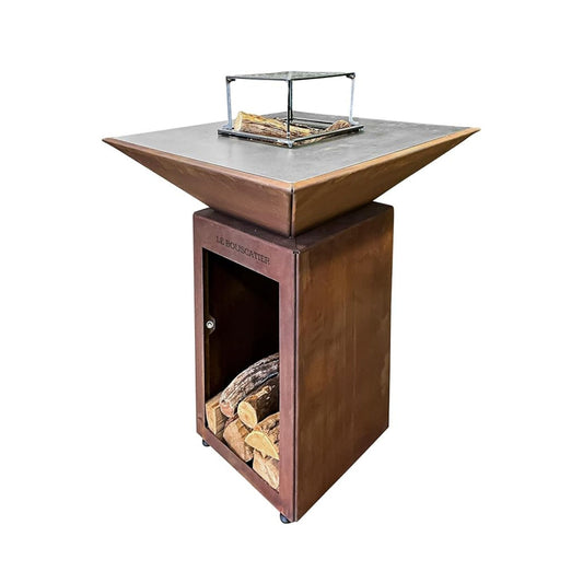 Lou provençau - Brasero plancha en acier corten avec rangement bûches - grille et stop food inclus